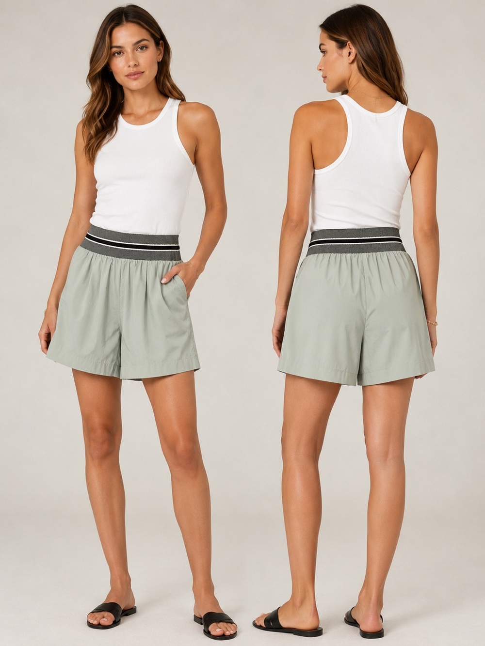 CAROLINE Sage Green 100% Cotton Boxer Style High Waist Shorts Size‎ 6 Clean Girl